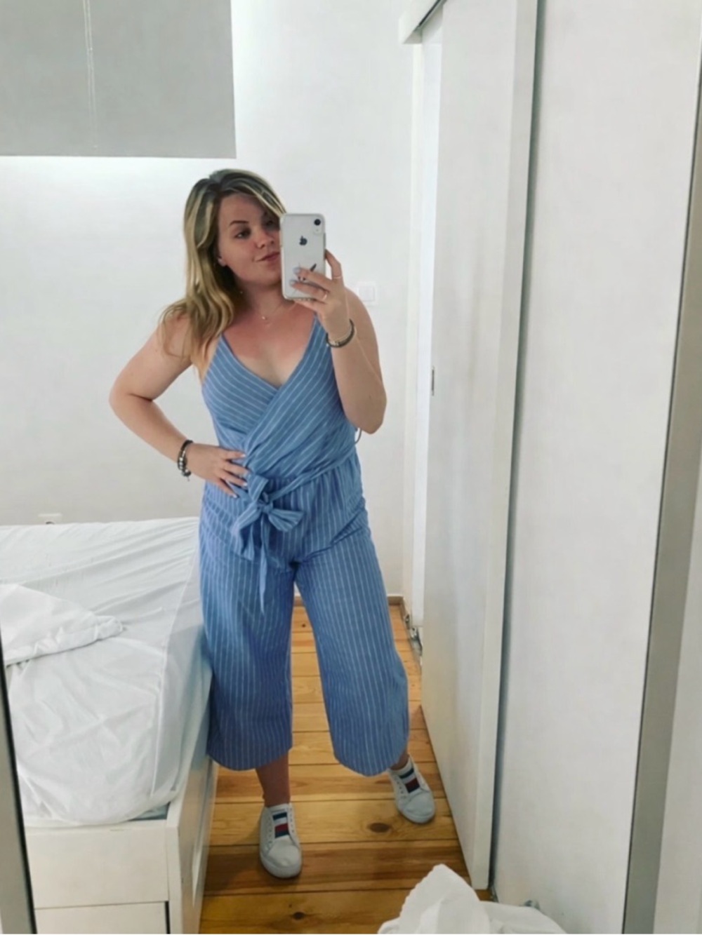 Sienna Sky Light Blue Pinstripe Jumpsuit